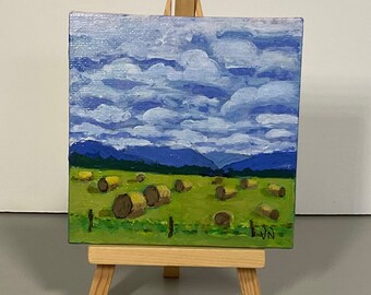 Hay Bales Under a Big Sky, Original Acrylic Painting on Canvas, Tiny Art With Easel, 4” x 4”, Country Decor, Great Gift