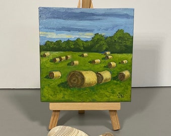 Hay Bales on a Prairie Field, Original Acrylic Painting on Canvas, Tiny Art With Easel, 4x4 inches, Country Decor, Great Gift