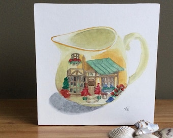 Cream Pitcher Painting, Original Watercolor, Mixed Media, 6x6x1.5 Inches, Mounted on Wood Panel, Vintage, Wall, Shelf Decor, Ready to Hang