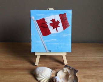 Canada Flag Painting, Acrylic on Stretched Canvas, Canadiana, Tiny Art With Easel, 4x4x.5 inches, Shelf, Ledge Art,  Great Gift