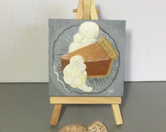 Torta di zucca, piccolo dipinto, magnete da frigorifero, pittura acrilica originale, su pannello di legno, 3,3 x 3,3 x .125 pollici, con o senza cavalletto