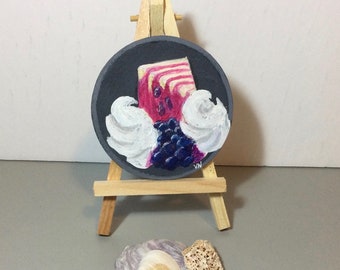 Berry Cheesecake, Tiny Painting, Fridge Magnet, Original Acrylic Painting, On Wood Panel, 3.3 Inches, With or Without Easel