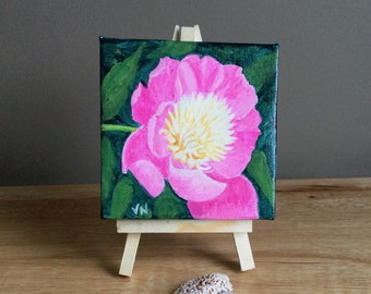 Peony Parfait, Original Acrylic Painting on Canvas, Tiny Art With Easel, 4x4x.5 inches,Shelf, Ledge, Coastal Decor, Great Gift