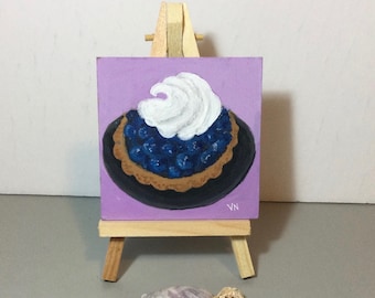 Blueberry Tart, Tiny Painting, Fridge Magnet, Original Acrylic Painting, On Wood Panel, 3.3 x 3.3 x .125 Inches, With or Without Easel