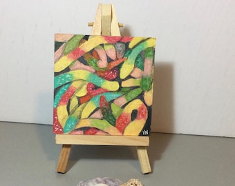 Gummy Worms, Tiny Painting, Fridge Magnet, Original Acrylic Painting, On Panel, 3.3 x 3.3 x .125 Inches, With or Without Easel