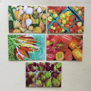 Abondance d’automne - 5 cartes de notes imprimées, 5x7 pouces, artiste de la Colombie-Britannique, botanique, tomates, carottes arc-en-ciel, figues vert pourpre, gourdes vertes dorées