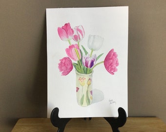 Tulip Bouquet, Original Watercolor, Wall Art, 9x12 Inches, Spring,  BC Artist, Tulips in Vase, Botanical, Pink, Mother’s Day, Gift for Her