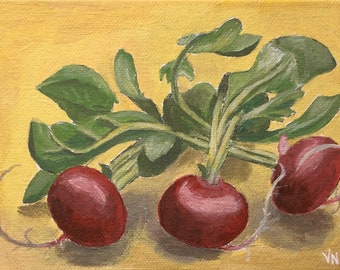 Radishes, Acrylic Painting on Canvas Panel, 5 x 7 inches, Kitchen Shelf, Ledge Decor, Great Gift