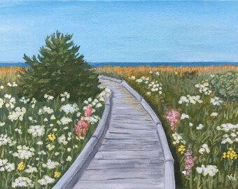 Beach Boardwalk, Landscape Acrylic Painting, Cape Breton Is., Canadiana, Canvas Panel, 9x12 inches, Shelf, Ledge Decor, Great Gift