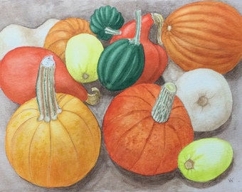 Pumpkin Painting, Original Watercolor, 9x12 inches, Botanical Style, Autumn Decor, Wall, Shelf  Art,