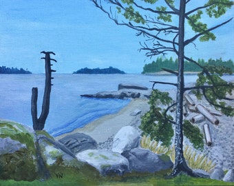 Sechelt Beach, Acrylic Painting on Canvas Panel, Sunshine Coast BC,  Canadiana, Seascape, 8x10 inches, Shelf, Ledge Decor, Great Gift