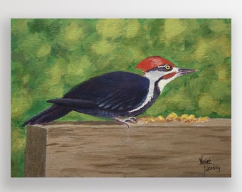 Woodpecker Painting, Original, Acrylic Painting of Pileated Woodpecker on Canvas Panel, 5.75 x 8 x.125 Inches, Nature Decor