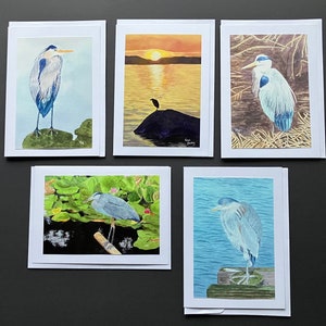 HERON CARDS 5 Card Collection, Photo Prints of Original Art, Mounted on 5x7 Cards, All Occasion Greetings, Could be Framed image 1