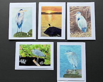 Heron Art Card Set: 5 Original Painting Prints, All Occasion Greetings