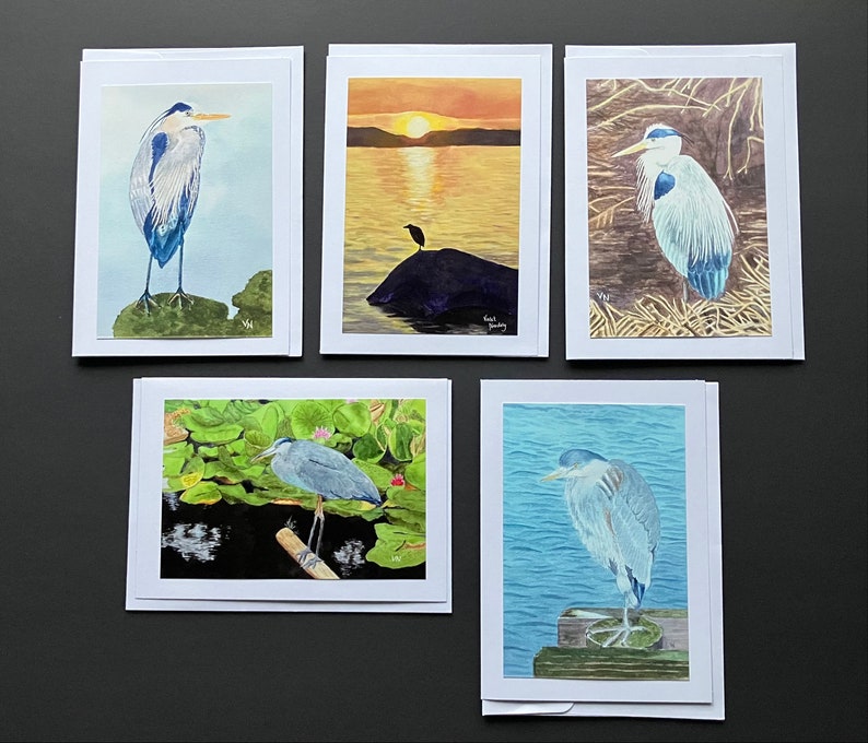 HERON CARDS 5 Card Collection, Photo Prints of Original Art, Mounted on 5x7 Cards, All Occasion Greetings, Could be Framed image 1