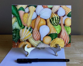 Gourds, 5x7 inch notecard, printed card, fall, autumn abundance, green, white, gold, harvest, thanksgiving, kitchen decor, decorative gourds