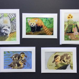 CARTES POUR ENFANTS - Collection de 5 cartes, impressions de peintures de créatures originales, montées sur des cartes de correspondance 5 x 7, toutes les occasions, peuvent être encadrées