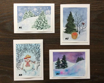 WINTER SCENE CARDS, Original Art, Hand-made, Christmas, Holiday, New Year’s, Note Cards, 5x7”