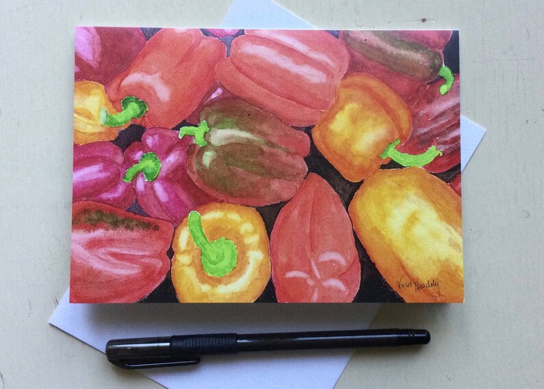 Sweet Peppers, 5x7 inch printed notecard, vegetable, orange, red, green, thank you, thinking of you, all occasion card, foodie decor image 2