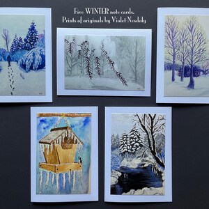 WINTERKAARTJES, 5-kaartencollectie, fotoafdrukken van originele kunst van 4 x 6 inch, gemonteerd op kaarten van 5 x 7 inch, seizoensgroeten