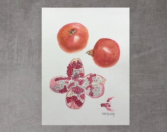 Pomegranate, Original Watercolor, 9x12 Inches, Wall or Shelf Art,  Botanical, Red, Cream, Art for Small Space, Mother’s Day, Gift for Her