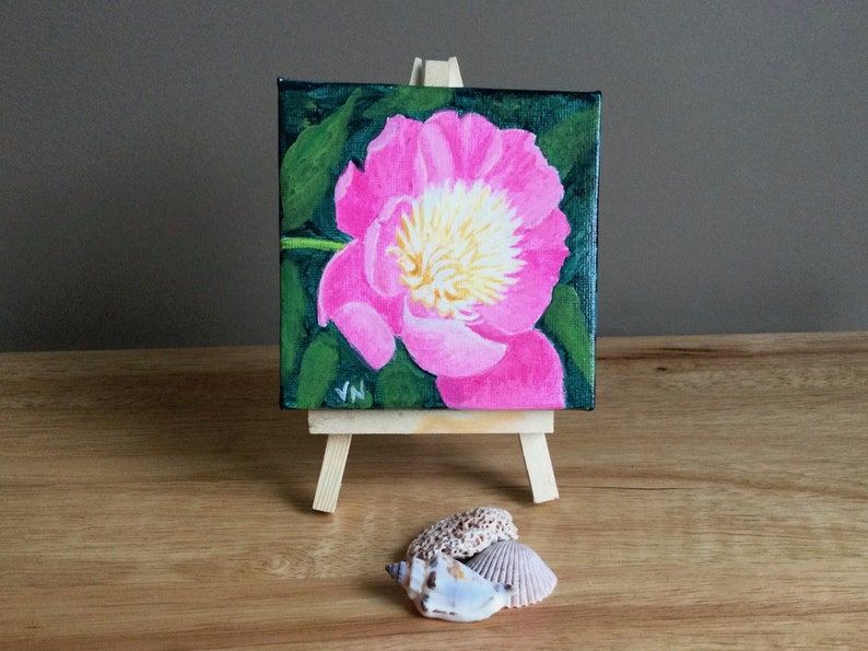 Peony Parfait, Original Acrylic Painting on Canvas, Tiny Art With Easel, 4x4x.5 inches,Shelf, Ledge, Coastal Decor, Great Gift image 1