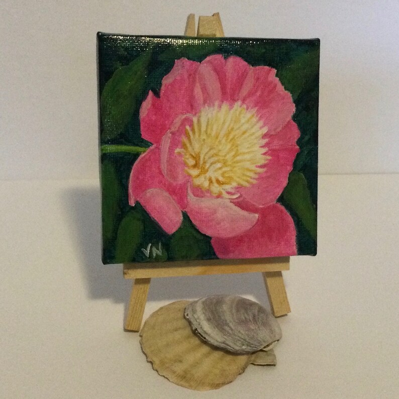 Peony Parfait, Original Acrylic Painting on Canvas, Tiny Art With Easel, 4x4x.5 inches,Shelf, Ledge, Coastal Decor, Great Gift image 3