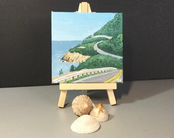 Cabot Trail, Original Acrylic Painting on Canvas, Tiny Art With Easel, 4x4x.125 inches,Shelf, Ledge, Coastal Decor, Great Gift