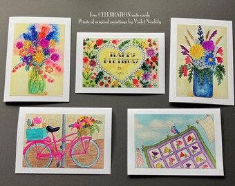 CELEBRATION CARDS - 5 Designs - 4x6” Photo Prints of Original Art mounted on 5x7” Cards