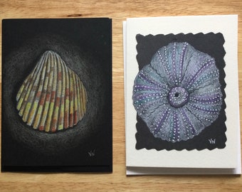 Sea Shell Cards, Mixed Media, Original, 2 - 5x7” Note Cards, Realism, Suitable to Frame, All Occasion Greeting