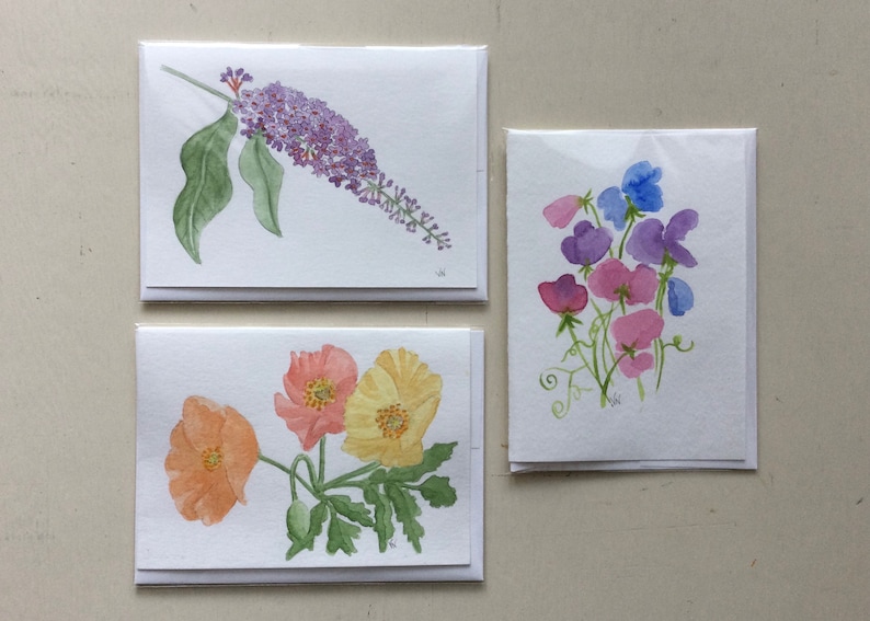 Framable Butterfly Bush Botanical Floral decor Poppies /& Sweet Peas Hand-painted cards 3 Watercolor Originals Pastel Floral realism