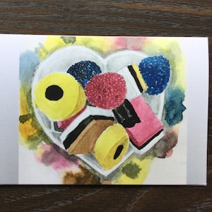 Licorice Allsorts, 1 Note card, 5x7 inches, Candy, Heart, Valentine Sweets, Realism, BC Artist, Print of original watercolour painting image 1