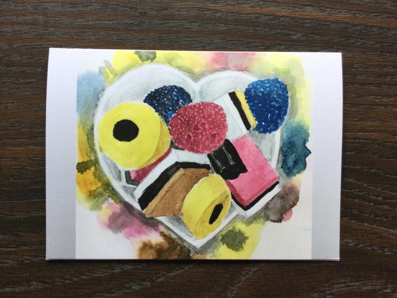 Licorice Allsorts, 1 Note card, 5x7 inches, Candy, Heart, Valentine Sweets, Realism, BC Artist, Print of original watercolour painting image 1