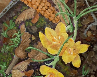 Crocuses in the Forest, Original Acrylic Painting on Canvas Panel, 8x10 inches, Shelf, Ledge Decor, Great Gift