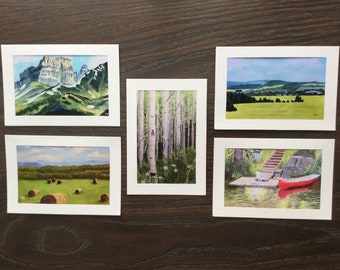 LANDSCAPE CARDS - 5 card collection, prints of original art, 4x6” photo prints in 5x7” frame cards,  All Occasion Greetings, Could be framed