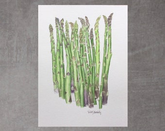 Asparagus, Original Watercolor, 9x12 Inches, Wall or Shelf Art,  Botanical, Green, Purple, Art for Small Space, Mother’s Day, Gift for Her