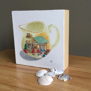 Cream Pitcher Painting, Original Watercolor, Mixed Media, 6x6x1.5 Inches, Mounted on Wood Panel, Vintage, Wall, Shelf Decor, Ready to Hang image 3