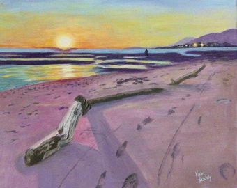 Beach Sunset, Landscape, Acrylic Painting, Canvas Panel, 11x13.75 inches, Great Gift