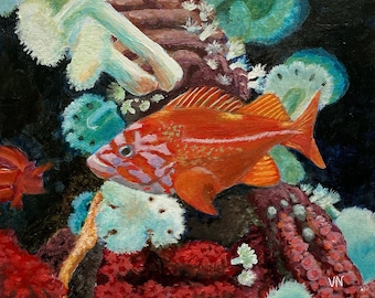 Gold Fish Painting, Acrylic on Canvas Panel, Aquarium Fish Scene, 8x10 inches, Shelf, Ledge Decor, Great Gift