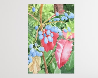Oregon Grape, Original Watercolor, 10x14 Inches, Wall or Shelf Art,  Botanical, Rose, Blue, Green, Small Space, Mother’s Day, Gift for Her