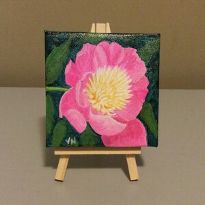 Peony Parfait, Original Acrylic Painting on Canvas, Tiny Art With Easel, 4x4x.5 inches,Shelf, Ledge, Coastal Decor, Great Gift image 2