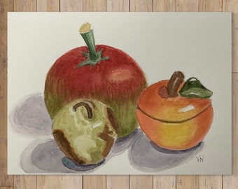 Apple Collection, Watercolor Painting on Paper, 5 x 7 inches, 8x10 mat available, Kitchen Decor, Great Gift