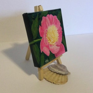 Peony Parfait, Original Acrylic Painting on Canvas, Tiny Art With Easel, 4x4x.5 inches,Shelf, Ledge, Coastal Decor, Great Gift image 4