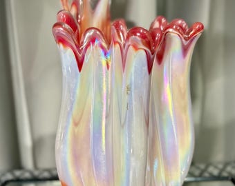 Vintage Kurata Craft Pearlecent Japan Red & Pearl White Vase