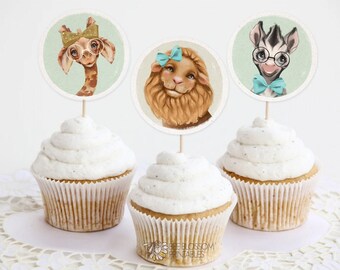 8 décorations pour cupcakes animaux | Décor d'anniversaire Safari | Toppers de gâteau d'animaux de zoo | Dessert Jungle | Décor d'anniversaire de zoo | Télécharger S-F imprimable