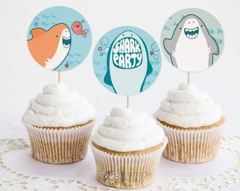 7 Shark Party Cupcake Toppers | Ocean Birthday Decor | Shark Cake Toppers | Dessert Toppers | Birthday Toppers | Download Printable S-H