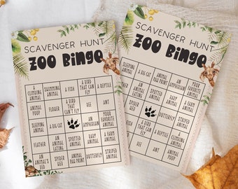 Zoo Scavenger Hunt Bingo Game | Birthday Party | Safari Birthday | Classroom Field Trip | Teach | Wild Animal Games | Editable Printable S-F