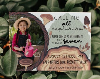 EDITABLE Outdoorsy Photo Birthday Party Invitation | Nature Picture Invite Bday | Gardener Mushroom Camping | Digital Printable Template W-O