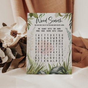 Baby Shower Woordzoeker Game Card Wildflowers | Feest Babyshower Activiteiten | Woodland groen natuur bloem bloemen afdrukbare 105