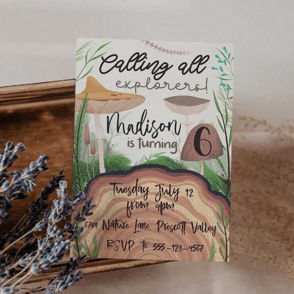 EDITABLE Outdoorsy Birthday Party Invitation | Woodland Boy Girl | Plant Mushroom Wood | Nature Digital Download Printable Template W-O